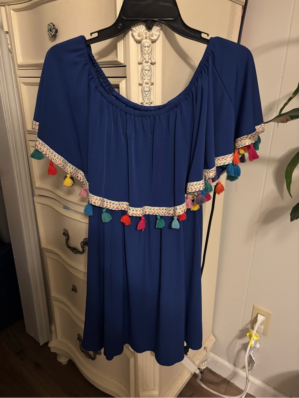Judith March Royal Blue Off-Shoulder Tassel Trim Tunic
